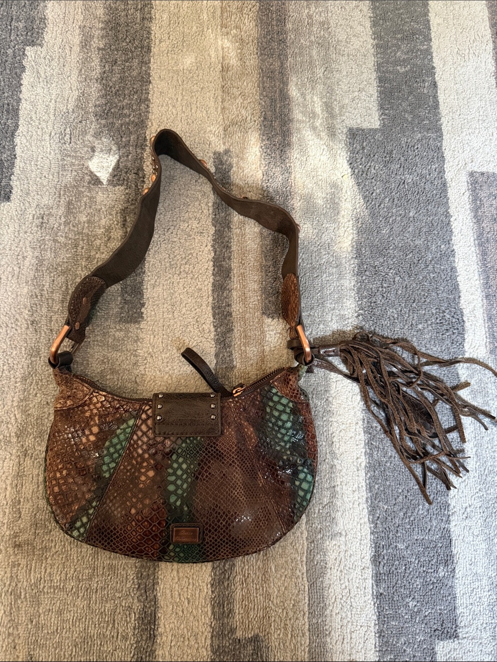 Guess Brown Studded Leather Decorative hobo bag with Copper Accents 10.5 x 6.5